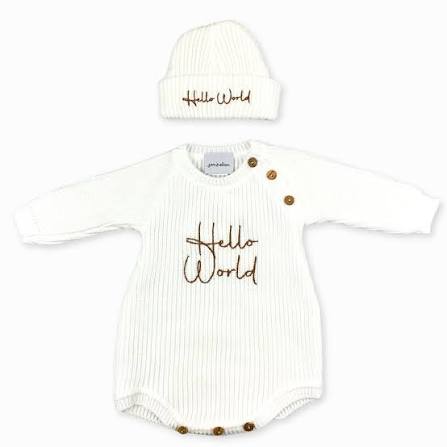 Hello World Hat and Romper Set in White