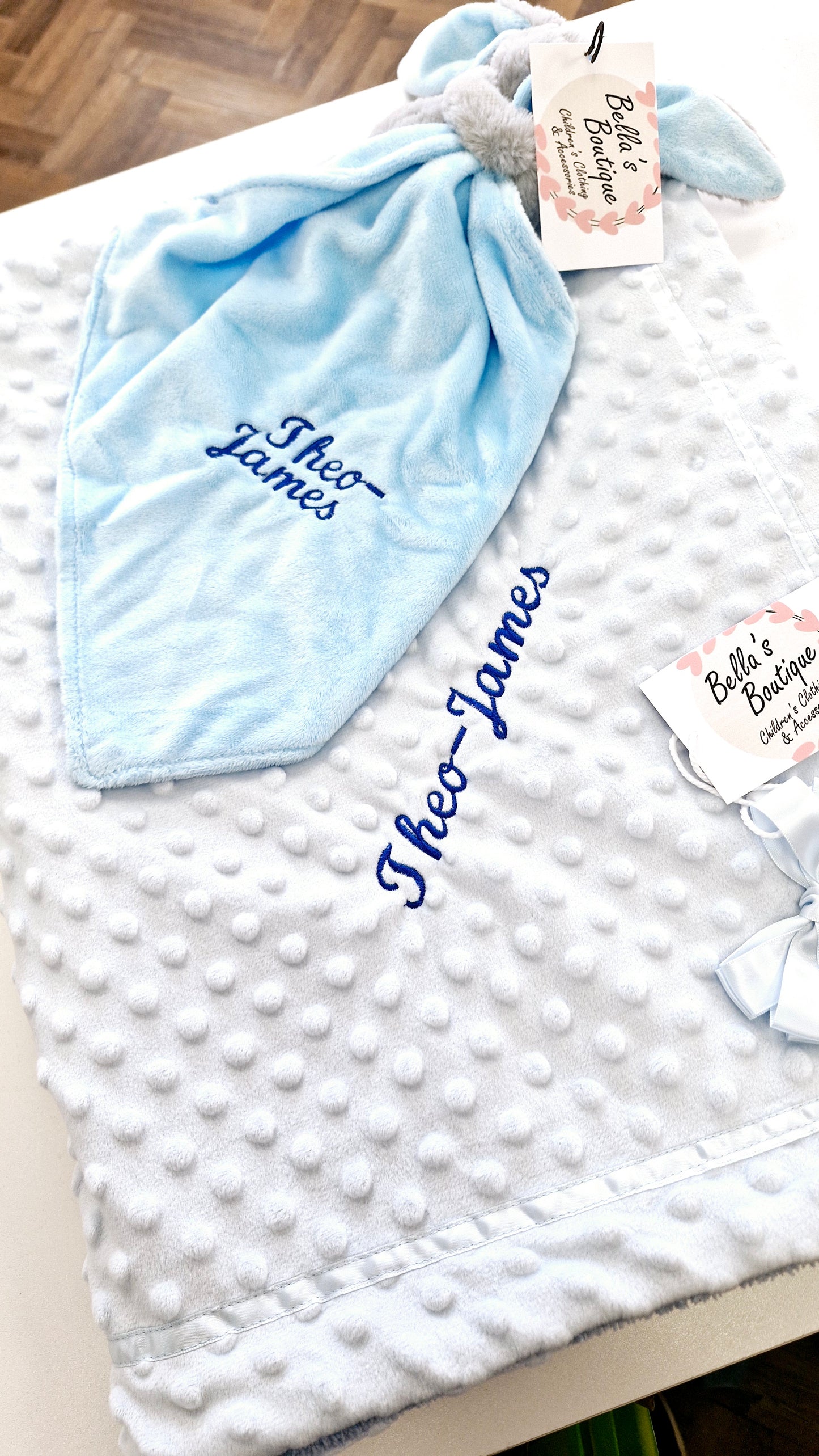 Embroidered Personalised baby boy blue blanket and Comforter set