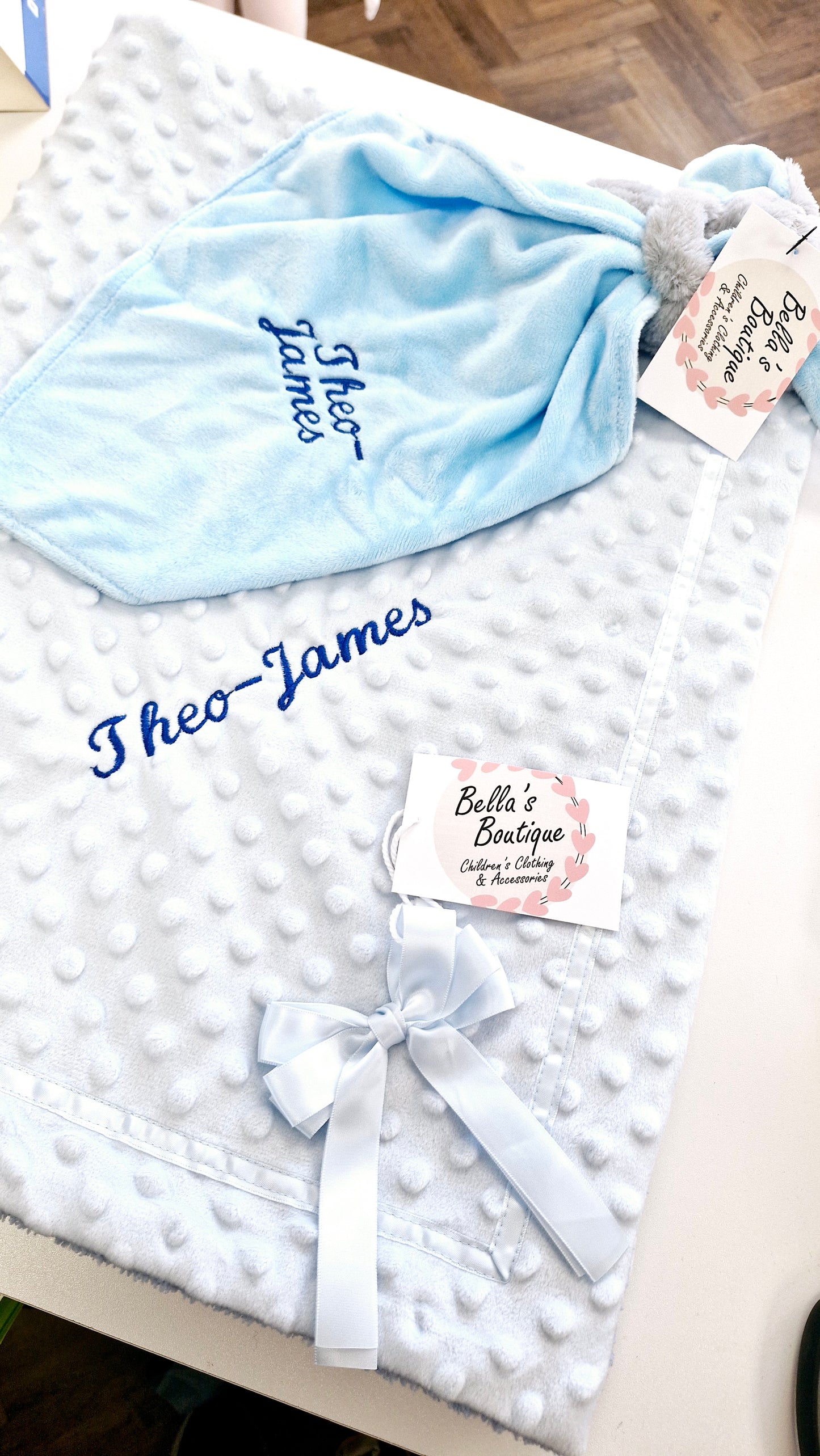 Embroidered Personalised baby boy blue blanket and Comforter set