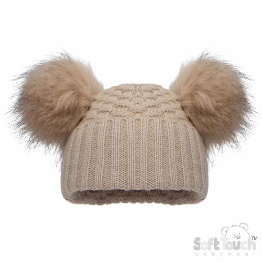 Beige Pom Pom Woolly Hat (3 sizes)