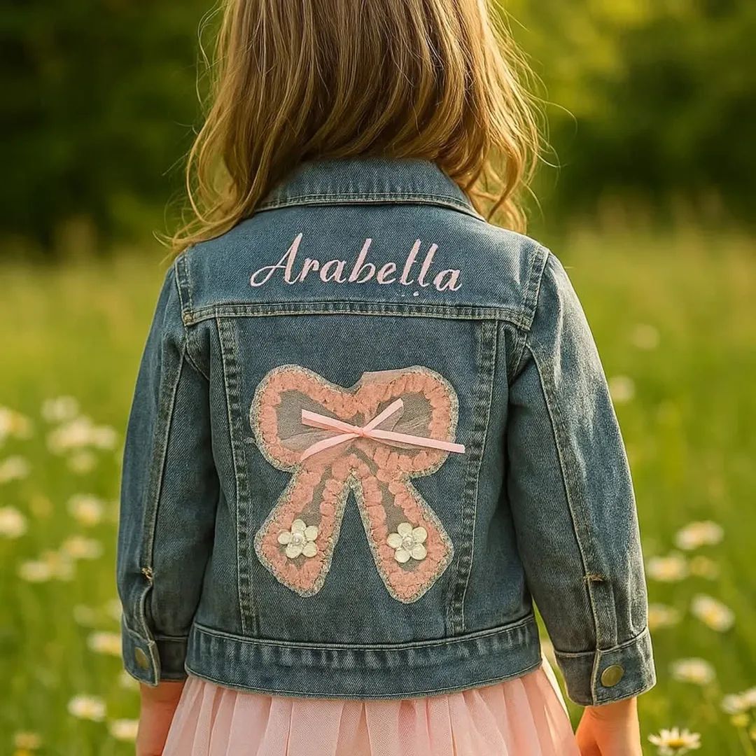 Personalised Pink Ruffle Bow Denim Jacket