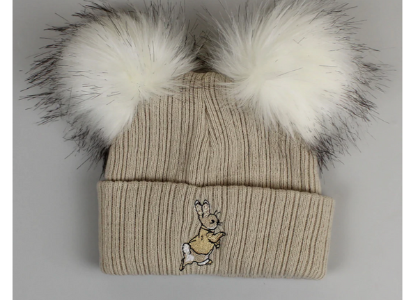 Beige Rabbit Double Pom Pom Hat
