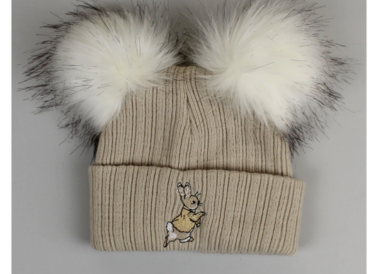 Beige Rabbit Double Pom Pom Hat