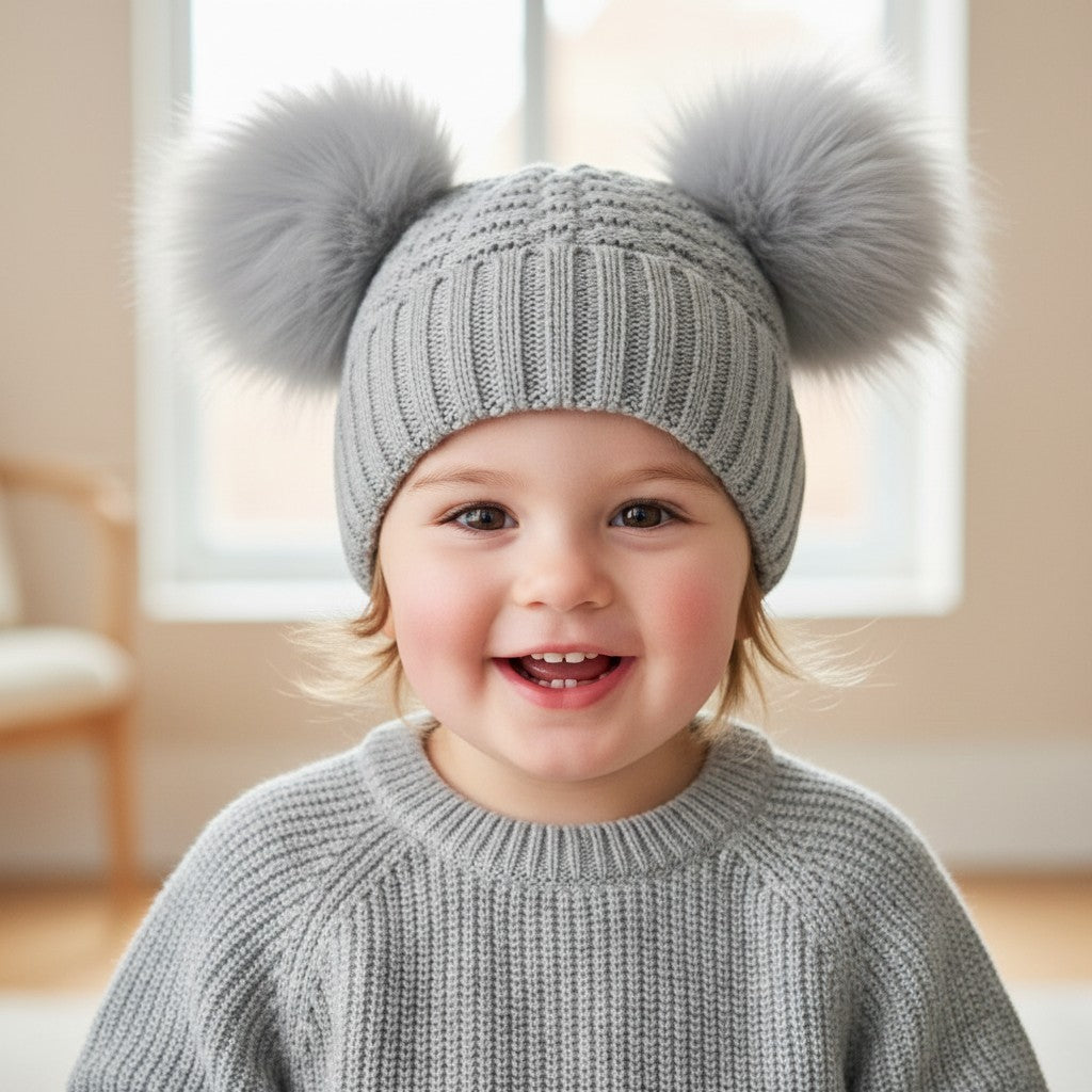 Grey Pom Pom Woolly Hat (3 sizes)