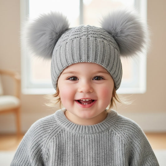 Grey Pom Pom Woolly Hat (3 sizes)