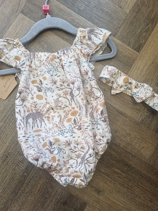Safari print baby girl romper and headband preloved