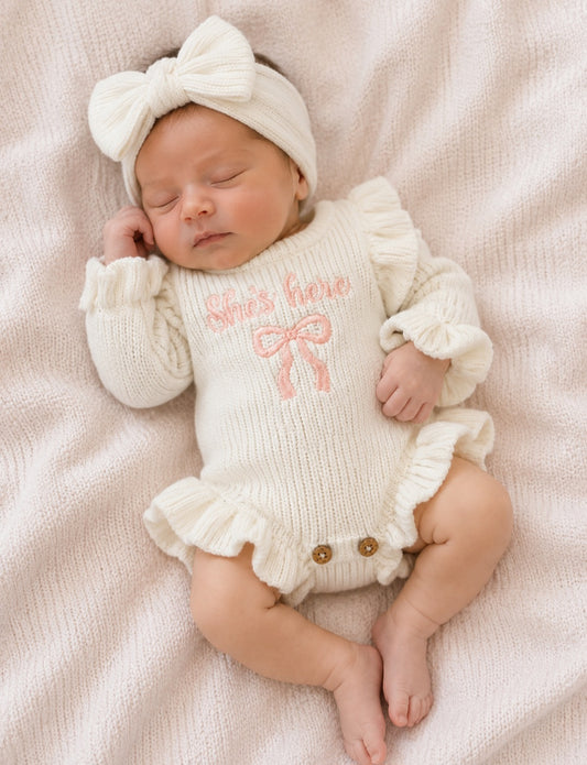 'She's Here' Cream Knit Romper