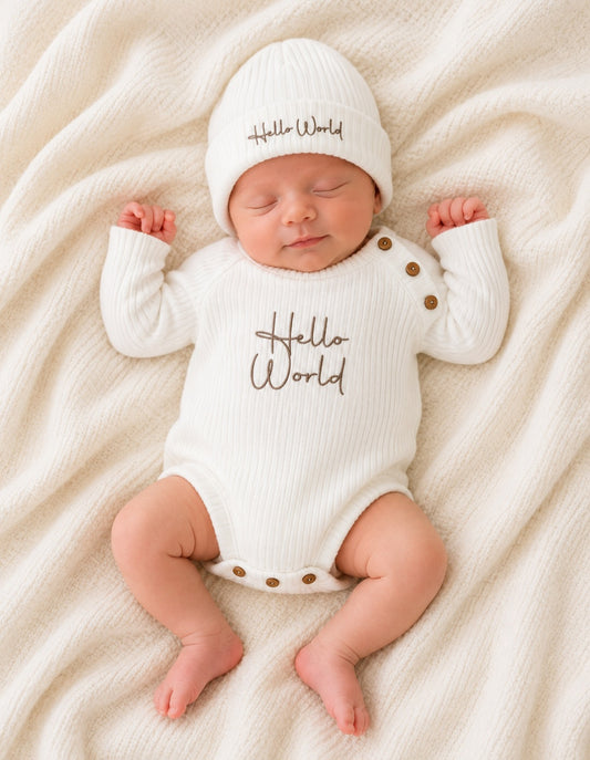 Hello World Hat and Romper Set in White