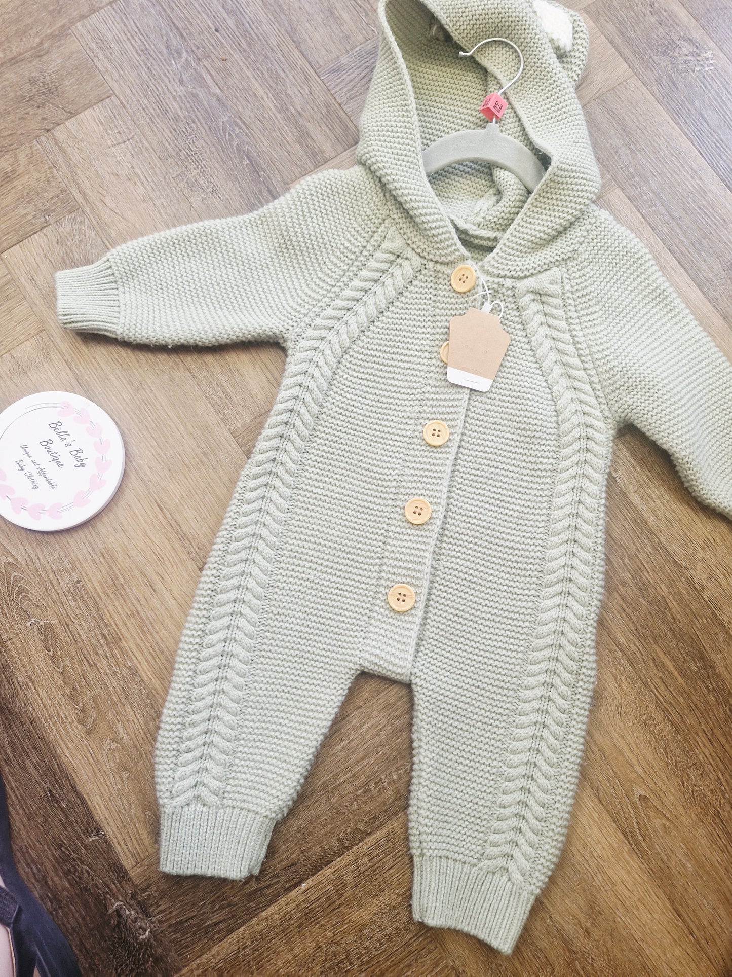 Sage green knit baby pramsuit Preloved