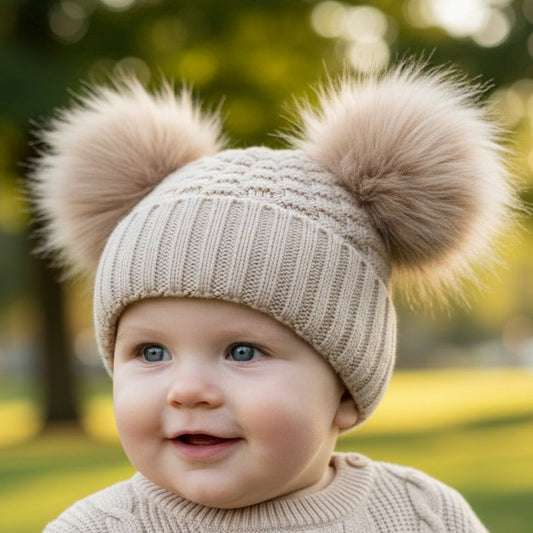 Beige Pom Pom Woolly Hat (3 sizes)