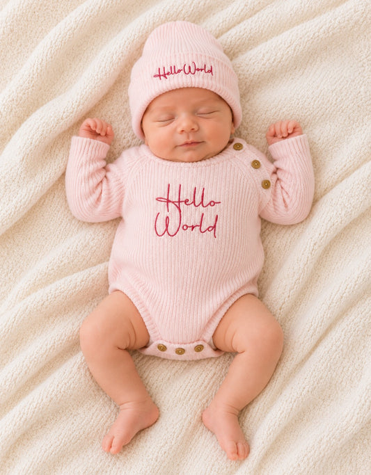 Hello World Hat and Romper Set in Pink