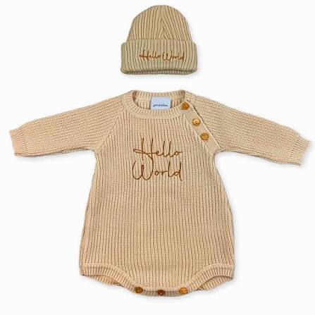 Hello World Hat and Romper Set in Beige